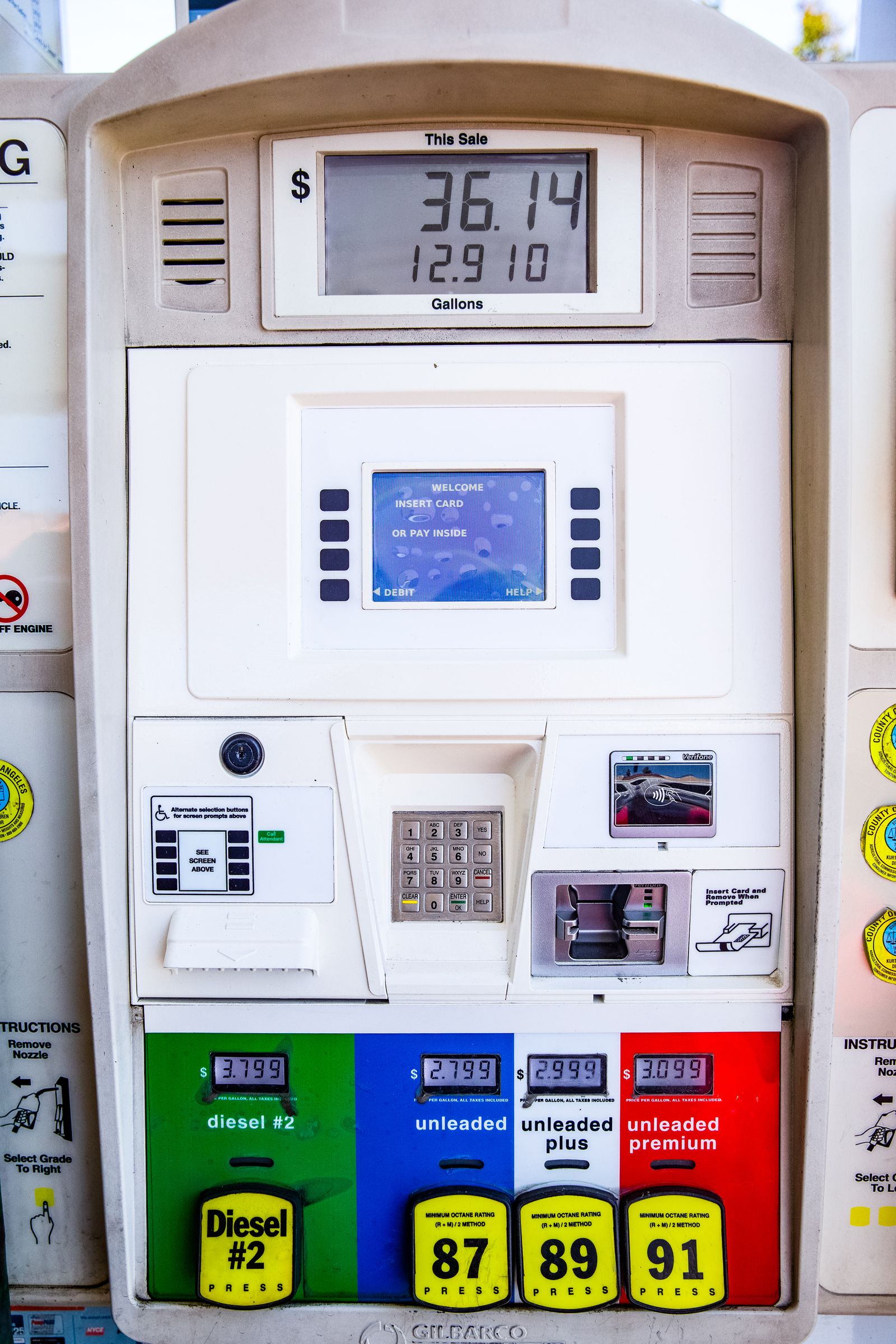 The screen and card reader of a fuel pump at a Los Angeles gas station.
