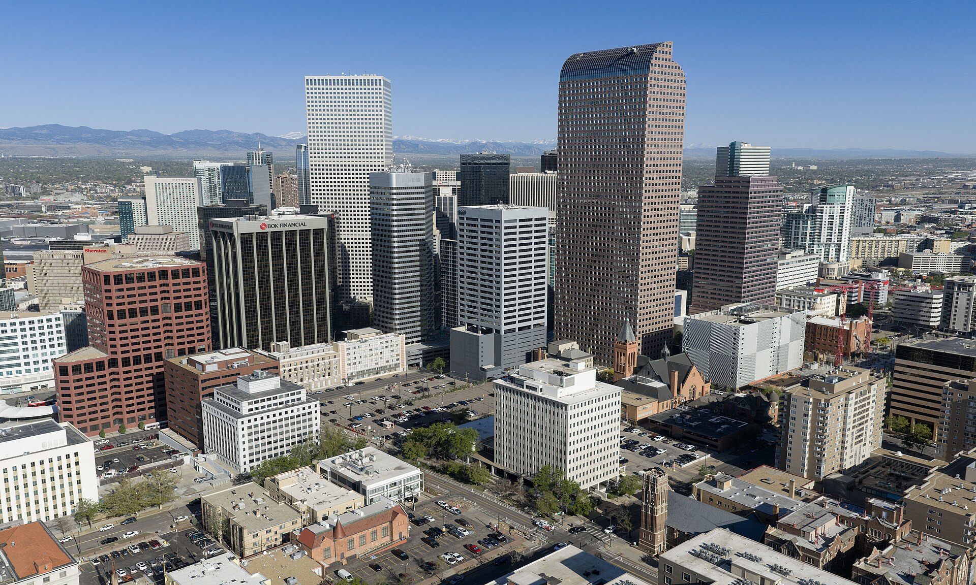 The downtown Denver skyline with the Front Range behind